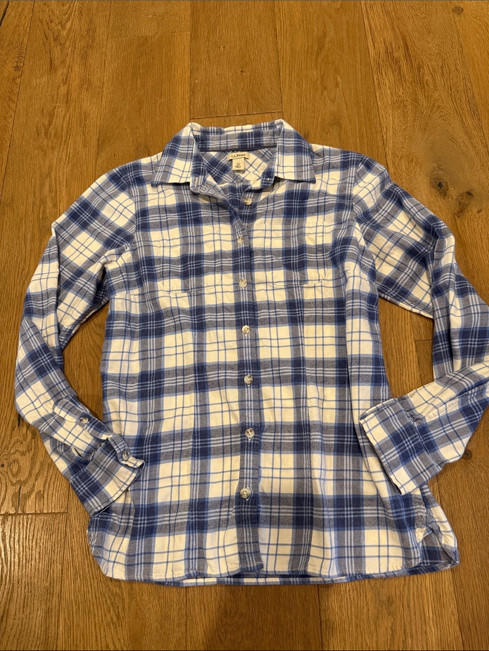 L.L. Bean Blue and White Plaid Flannel Button Down - XS